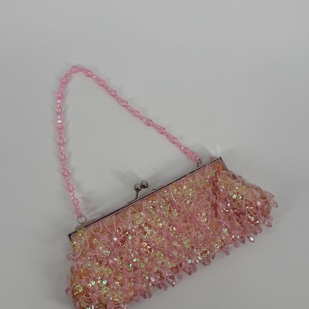 Ladybug Pink Beaded Clutch Purse Sequin Evening Bag 6119BG115 Kiss Lock Pink